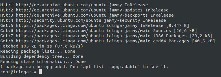 Screenshot eines Ubuntu Terminals, bei dem eine Auflistung aller dem System hinzugefügten Repositories zu sehen ist. Der Screenshot soll verdeutlichen wie es aussieht, wenn die offiziellen Icinga Repositores zum System hinzugefügt wurden