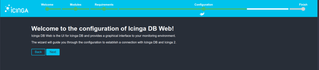 Ansicht der Icinga Web Setup Oberfläche mit dem Beginn der IcingaDB Konfiguration (dunkelblauer Hintergrund, hellblauer Header).