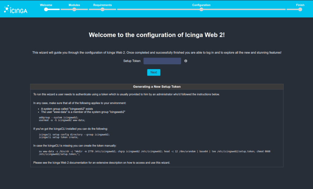 Screenshot des Icinga Web Setups, bei dem die Eingabemaske für das Icinga Token zu sehen ist