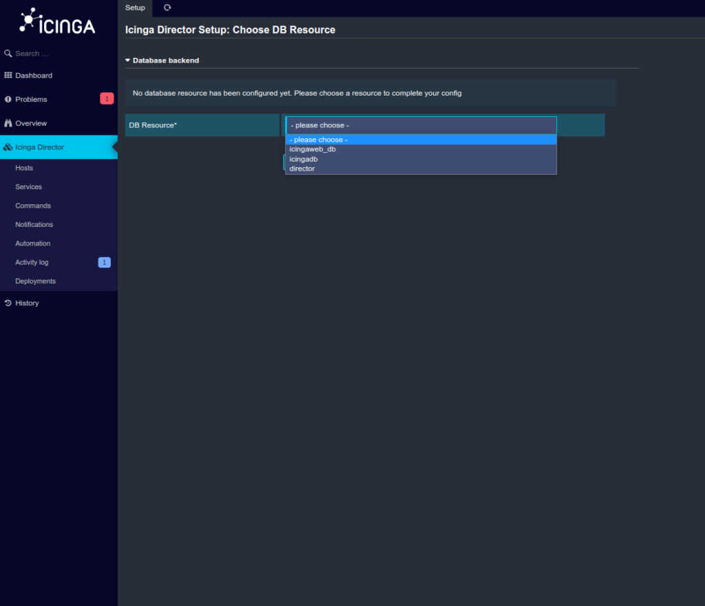 Screenshot der Icinga Web Umgebung des Monitoring Systems Icinga. Zu sehen ist das Auswählen einer neuen Datenbankressource zur Nutzung des Icinga Moduls "Icinga Director"