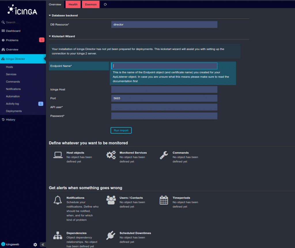 Screenshot der Icinga Web Umgebung des Monitoring Systems Icinga. Zu sehen ist der Kickstart Wizard des Icinga Moduls "Icinga Director" der dafür sorgt, dass das Modul automatisiert in das bestehende System integriert wird