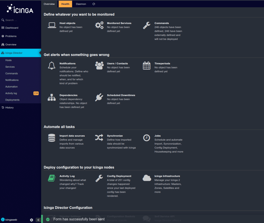 Screenshot der Icinga Web Umgebung des Monitoring Systems Icinga. Zu sehen ist der Kickstart Wizard des Icinga Moduls "Icinga Director" im Status der erfolgreich durchgeführten Integration